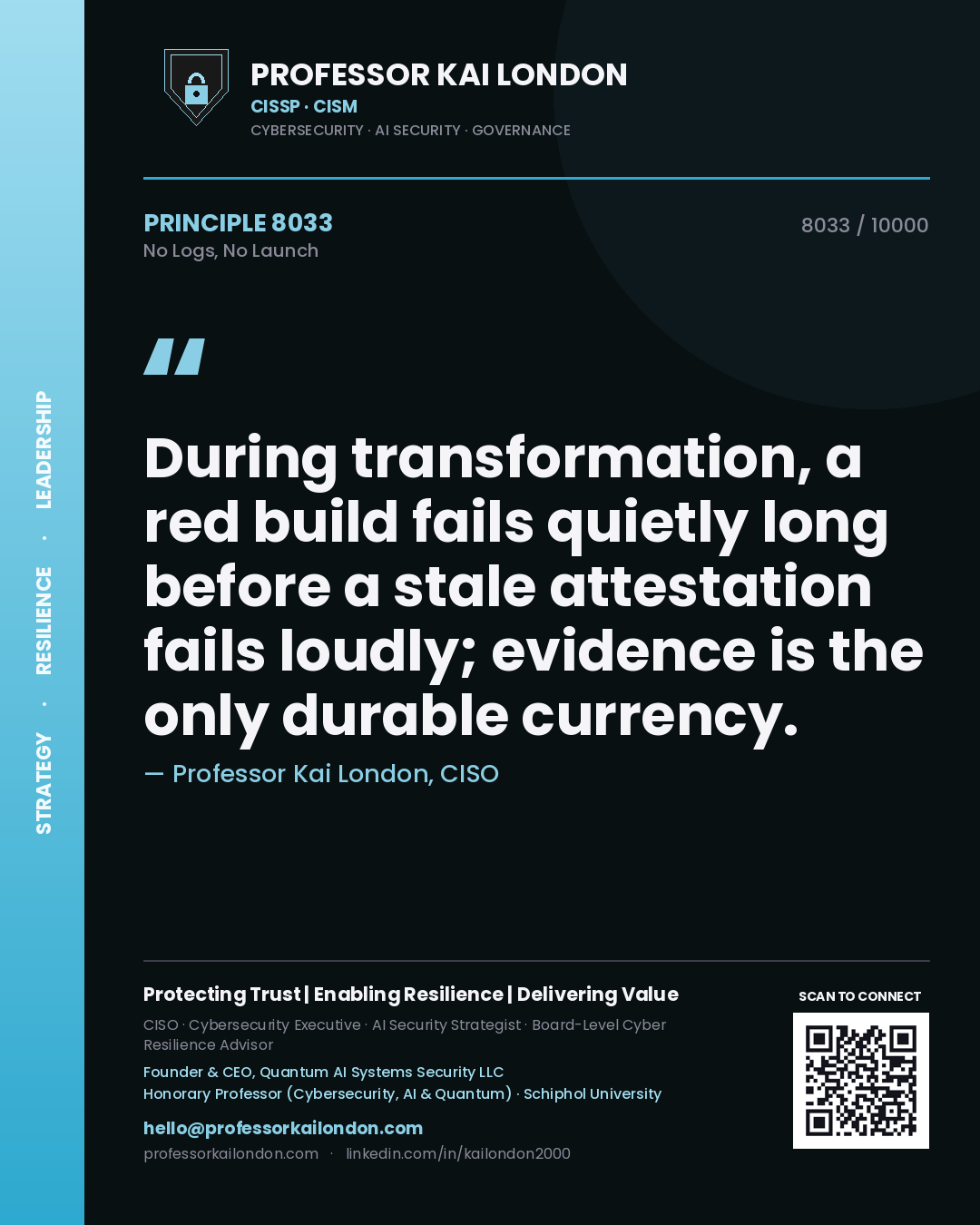 Professor Kai London principle 8033: During transformation, a red build fails quietly long before a stale attestation fails loudly; evidence is the only durable currency.
