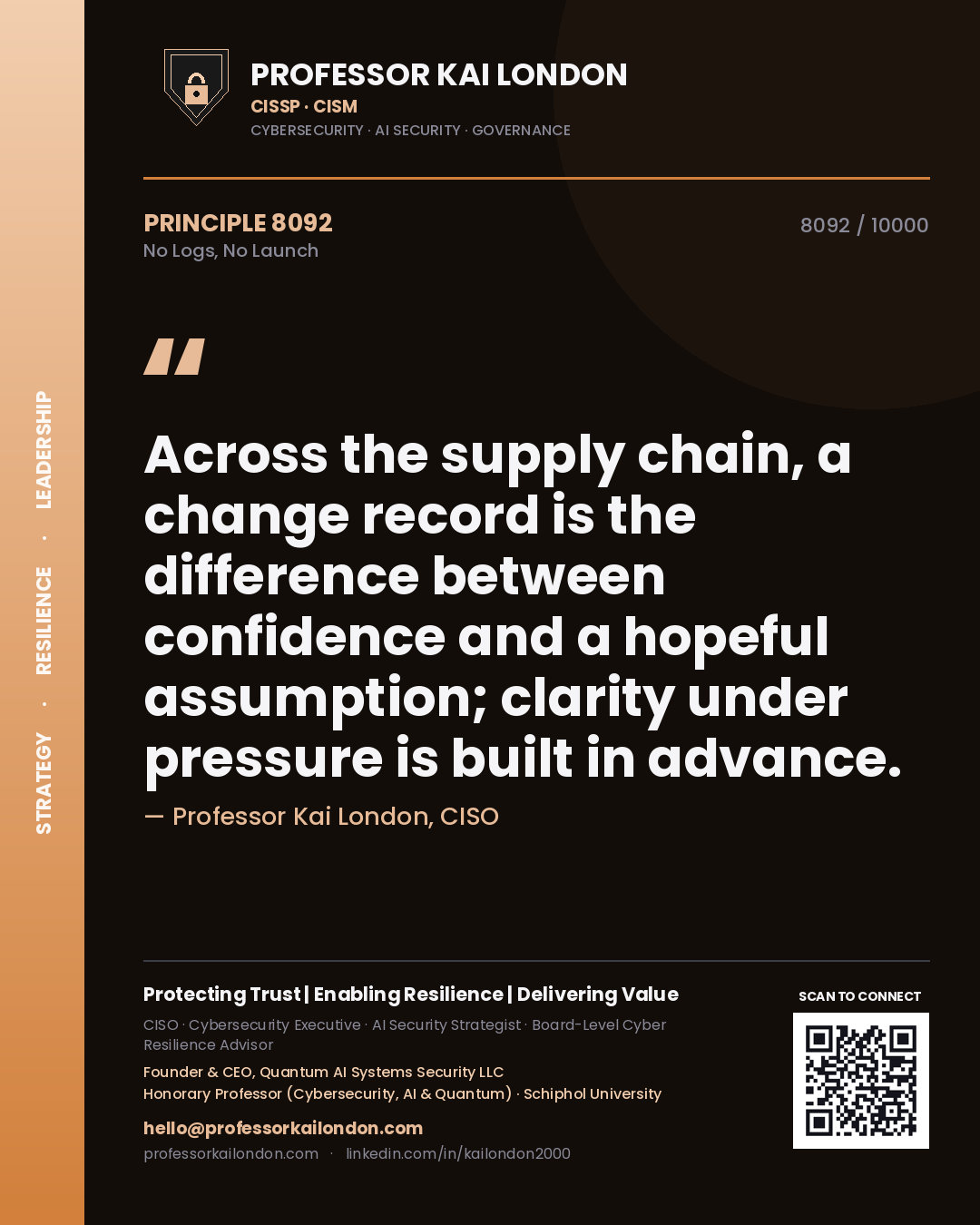 Professor Kai London principle 8092: Across the supply chain, a change record is the difference between confidence and a hopeful assumption; clarity under pressure is built in advance.