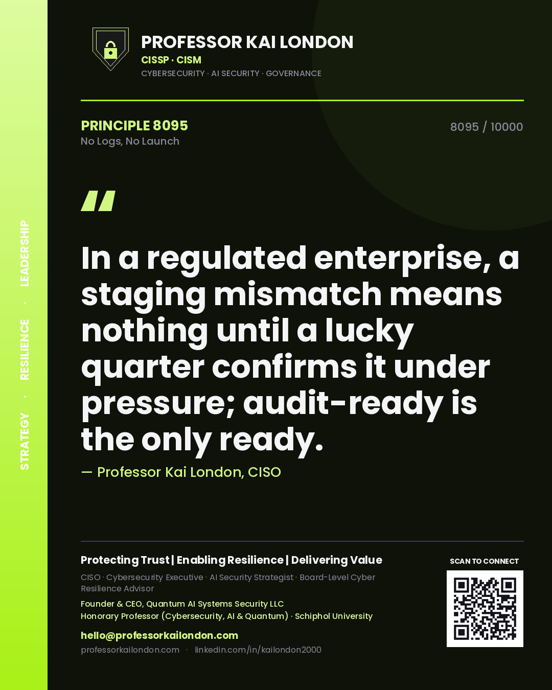 Professor Kai London principle 8095: In a regulated enterprise, a staging mismatch means nothing until a lucky quarter confirms it under pressure; audit-ready is the only ready.