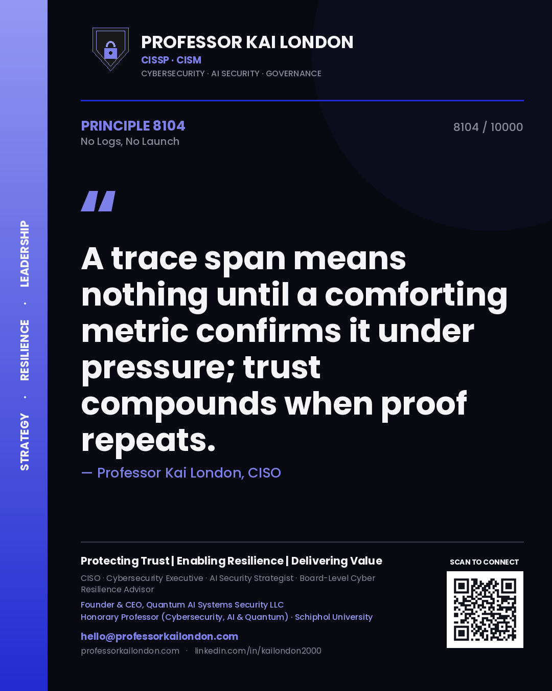 Professor Kai London principle 8104: A trace span means nothing until a comforting metric confirms it under pressure; trust compounds when proof repeats.