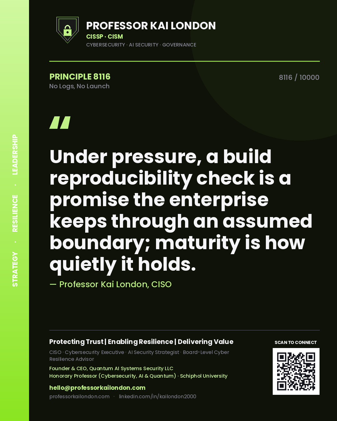 Professor Kai London principle 8116: Under pressure, a build reproducibility check is a promise the enterprise keeps through an assumed boundary; maturity is how quietly it holds.