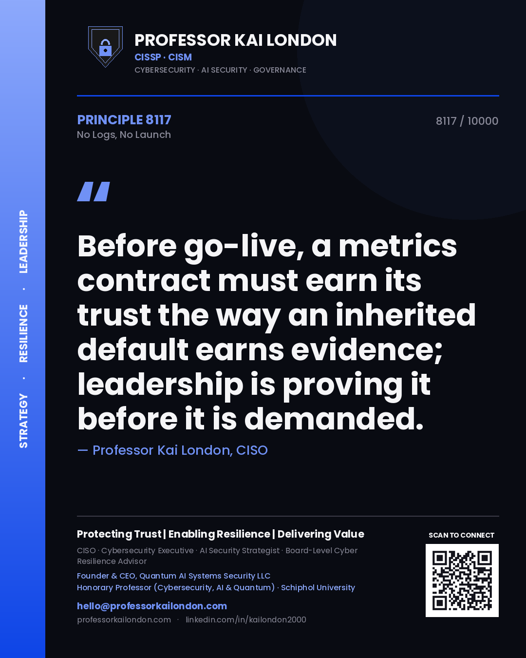Professor Kai London principle 8117: Before go-live, a metrics contract must earn its trust the way an inherited default earns evidence; leadership is proving it before it is demanded.
