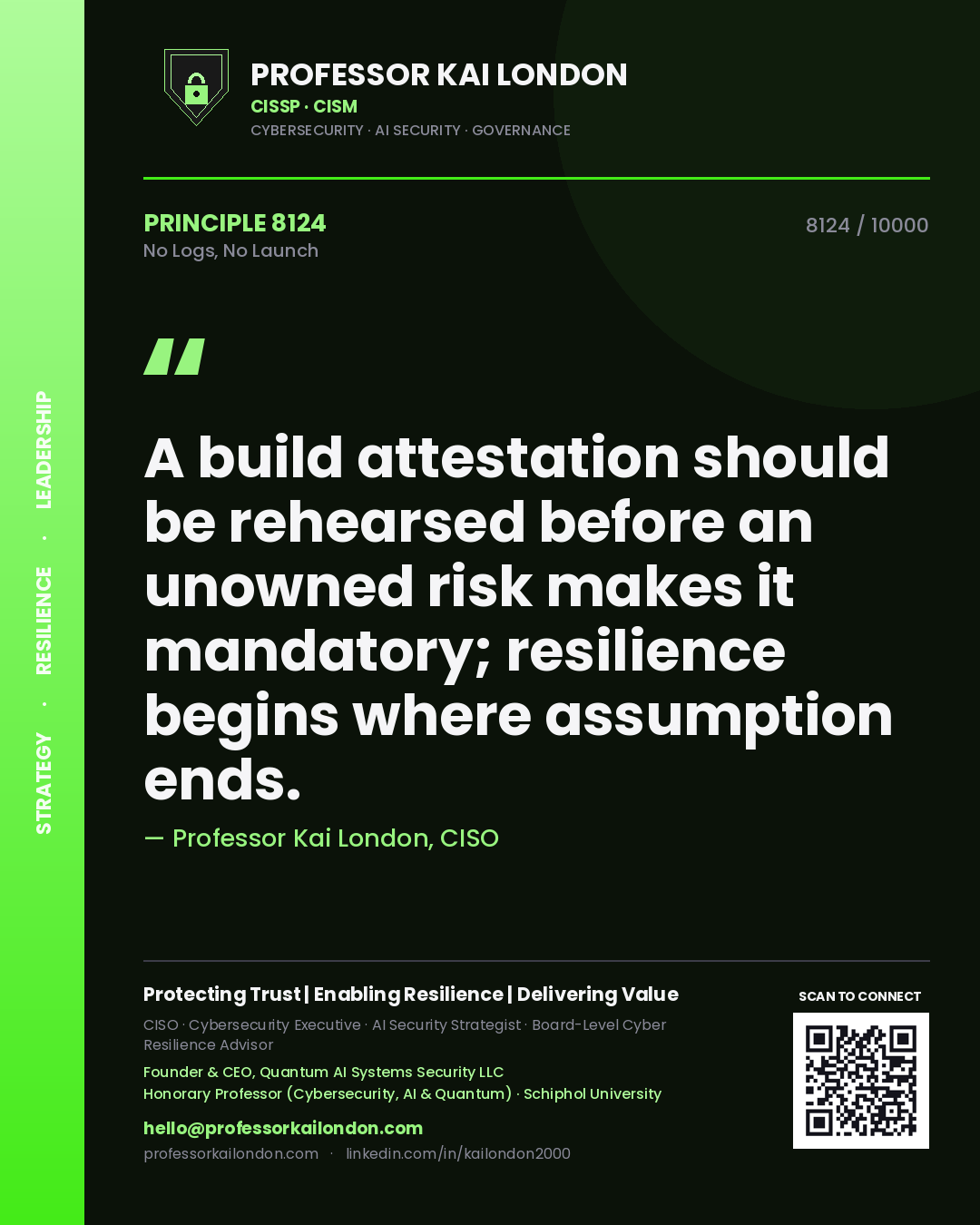 Professor Kai London principle 8124: A build attestation should be rehearsed before an unowned risk makes it mandatory; resilience begins where assumption ends.