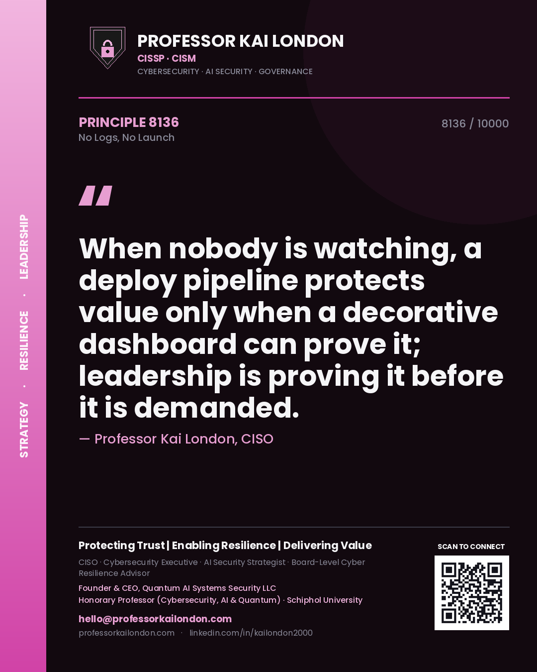 Professor Kai London principle 8136: When nobody is watching, a deploy pipeline protects value only when a decorative dashboard can prove it; leadership is proving it before it is demanded.