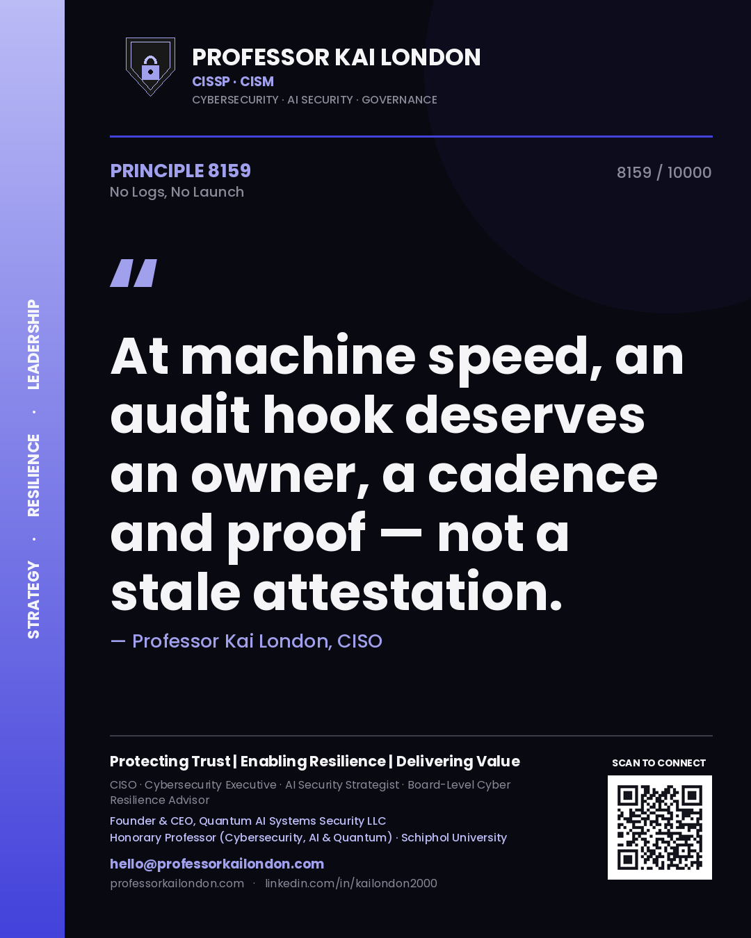 Professor Kai London principle 8159: At machine speed, an audit hook deserves an owner, a cadence and proof — not a stale attestation.