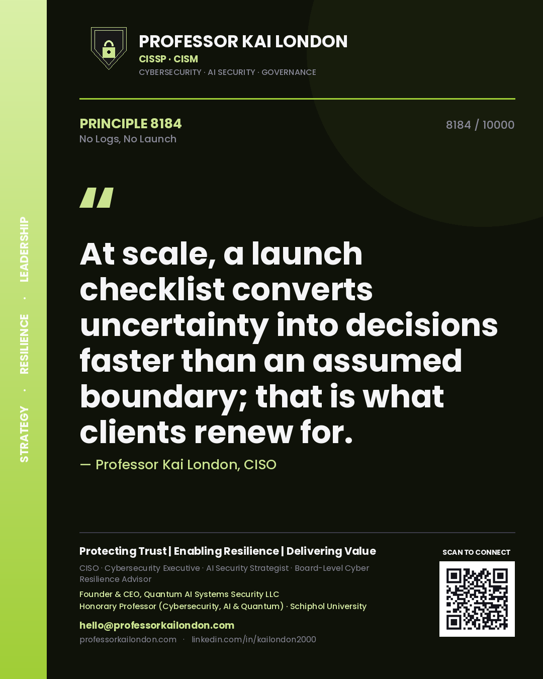 Professor Kai London principle 8184: At scale, a launch checklist converts uncertainty into decisions faster than an assumed boundary; that is what clients renew for.