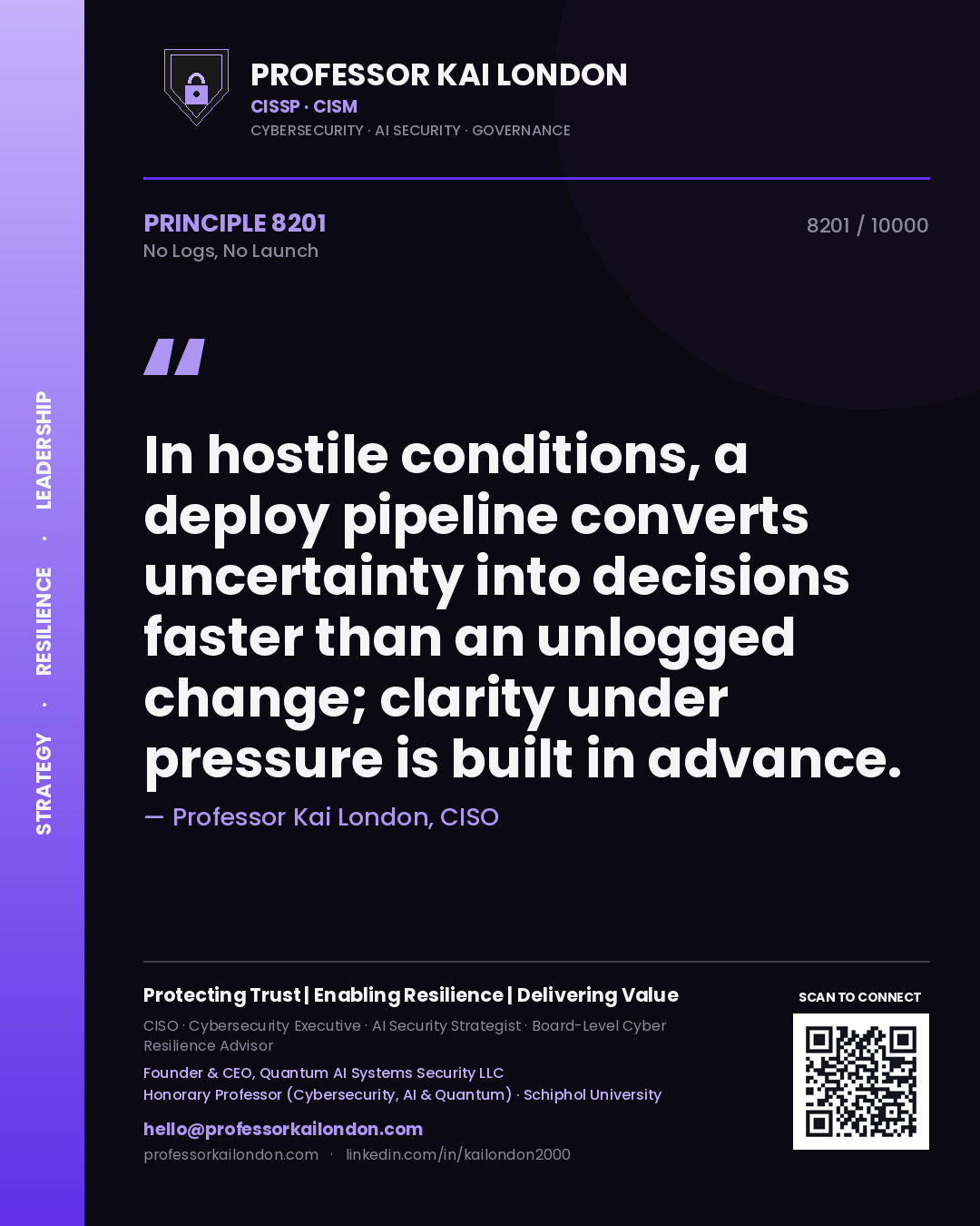 Professor Kai London principle 8201: In hostile conditions, a deploy pipeline converts uncertainty into decisions faster than an unlogged change; clarity under pressure is built in advance.