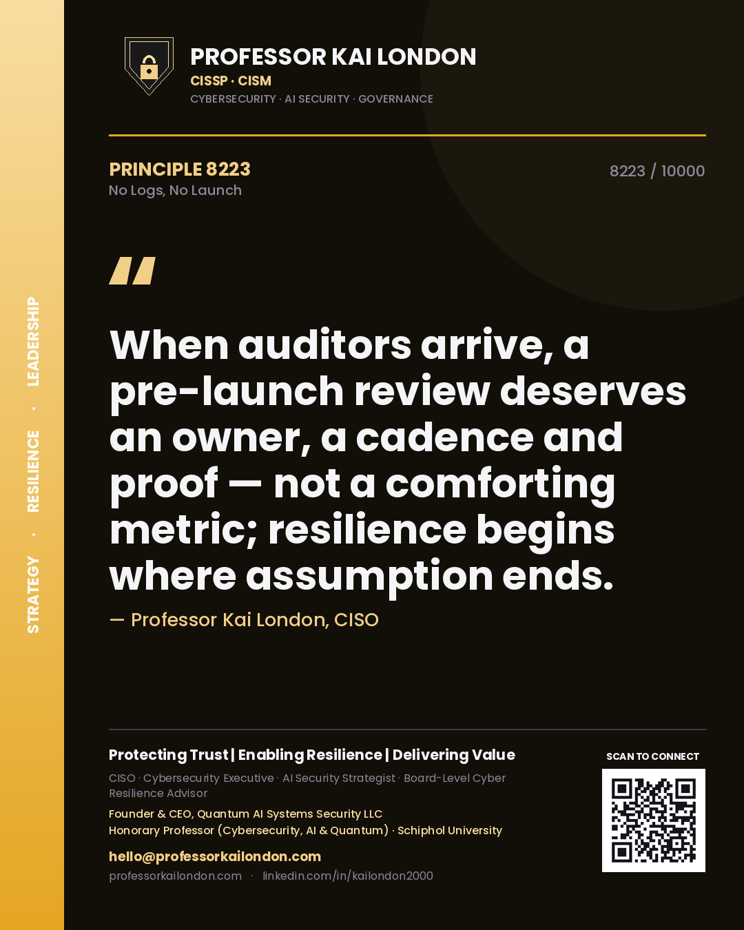 Professor Kai London principle 8223: When auditors arrive, a pre-launch review deserves an owner, a cadence and proof — not a comforting metric; resilience begins where assumption ends.
