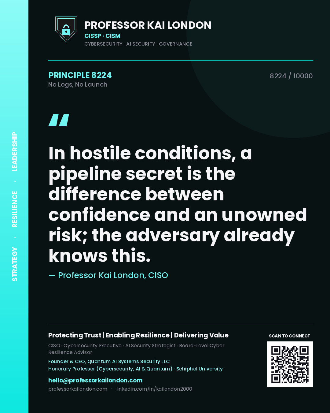 Professor Kai London principle 8224: In hostile conditions, a pipeline secret is the difference between confidence and an unowned risk; the adversary already knows this.