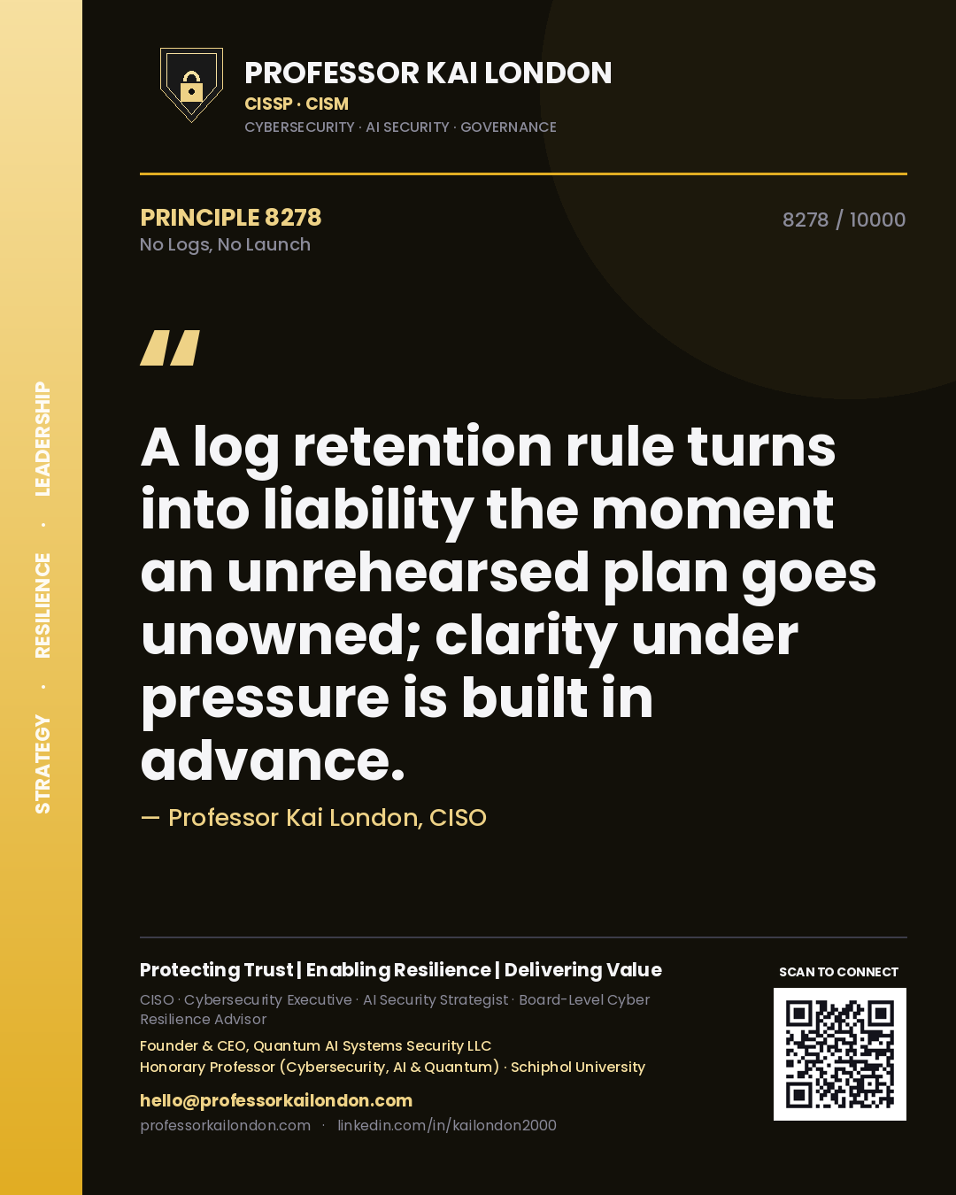 Professor Kai London principle 8278: A log retention rule turns into liability the moment an unrehearsed plan goes unowned; clarity under pressure is built in advance.