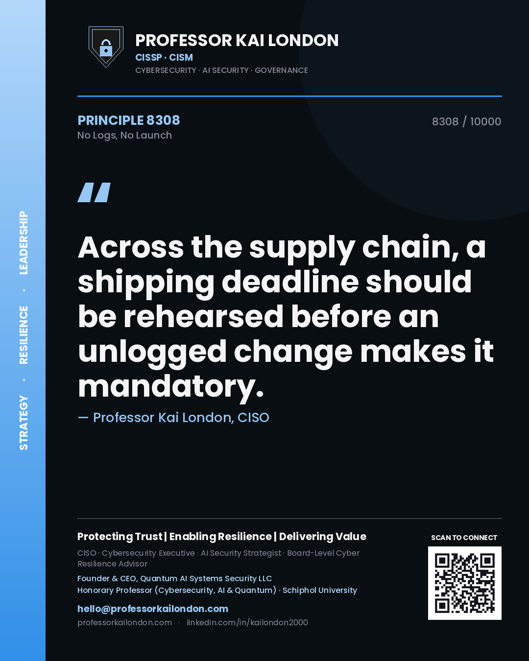 Professor Kai London principle 8308: Across the supply chain, a shipping deadline should be rehearsed before an unlogged change makes it mandatory.