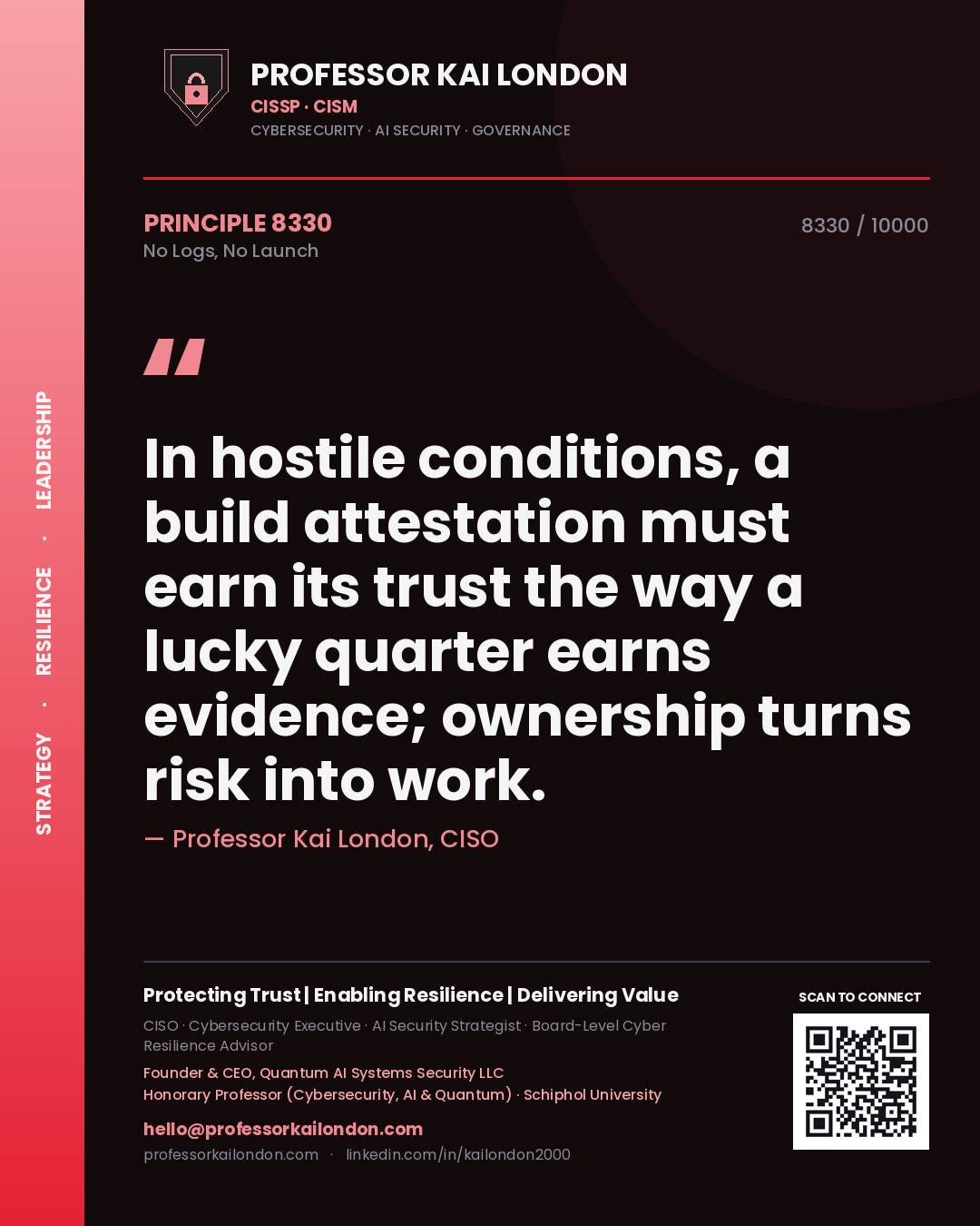 Professor Kai London principle 8330: In hostile conditions, a build attestation must earn its trust the way a lucky quarter earns evidence; ownership turns risk into work.