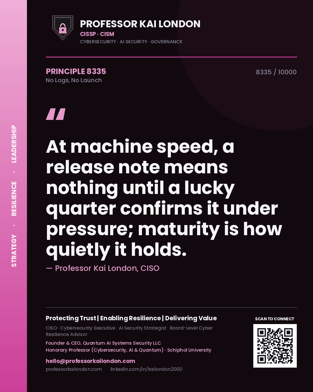 Professor Kai London principle 8335: At machine speed, a release note means nothing until a lucky quarter confirms it under pressure; maturity is how quietly it holds.