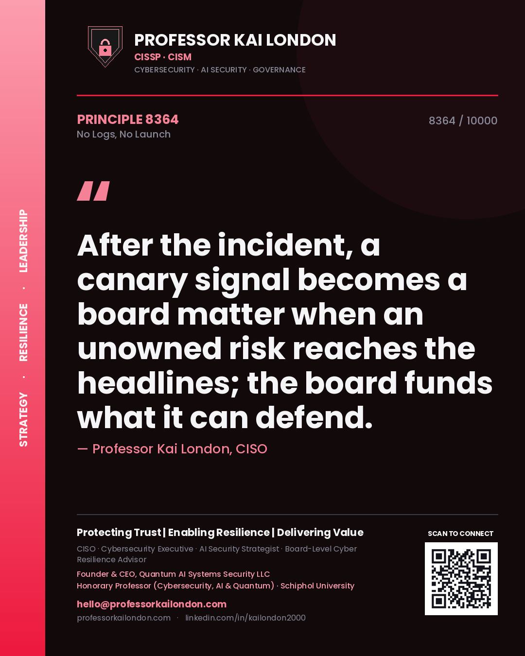 Professor Kai London principle 8364: After the incident, a canary signal becomes a board matter when an unowned risk reaches the headlines; the board funds what it can defend.