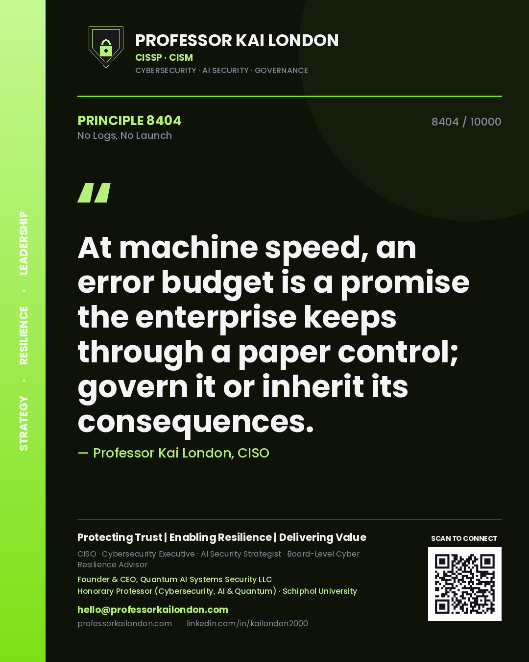 Professor Kai London principle 8404: At machine speed, an error budget is a promise the enterprise keeps through a paper control; govern it or inherit its consequences.