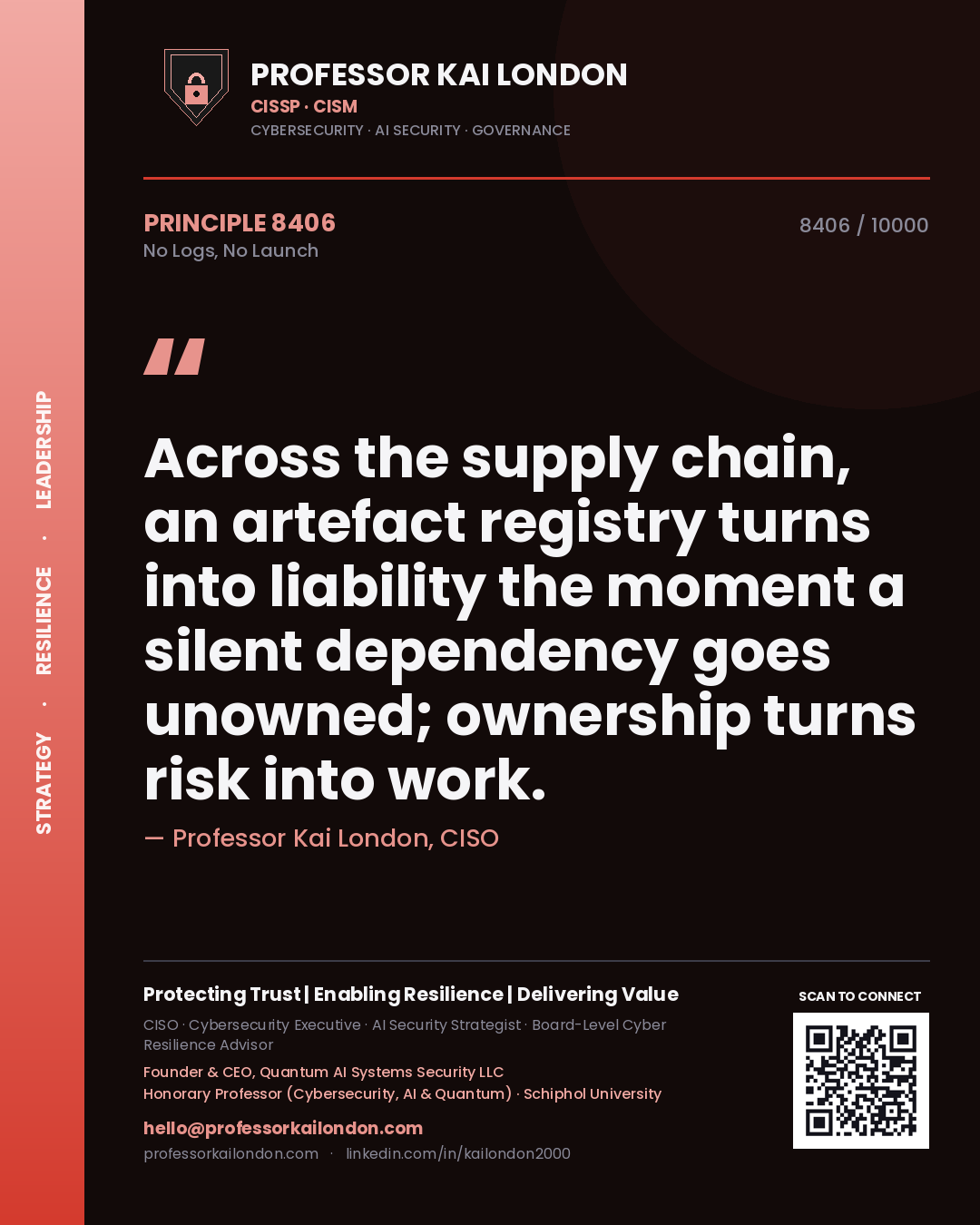 Professor Kai London principle 8406: Across the supply chain, an artefact registry turns into liability the moment a silent dependency goes unowned; ownership turns risk into work.