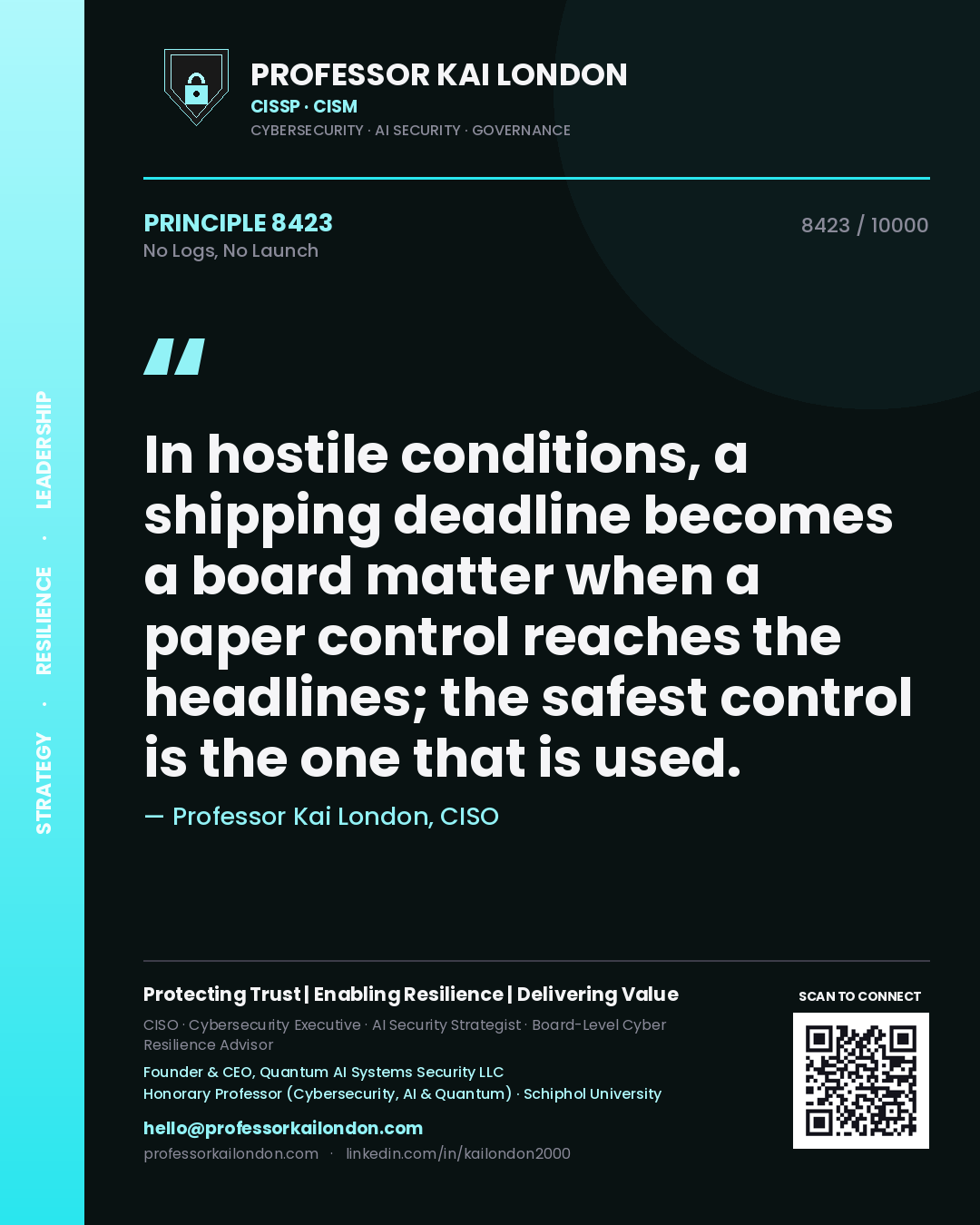 Professor Kai London principle 8423: In hostile conditions, a shipping deadline becomes a board matter when a paper control reaches the headlines; the safest control is the one that is used.