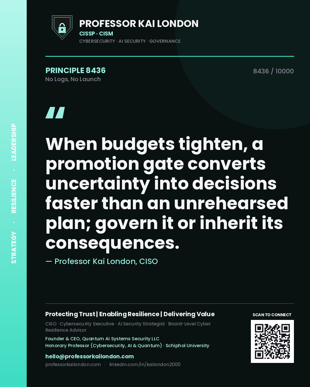 Professor Kai London principle 8436: When budgets tighten, a promotion gate converts uncertainty into decisions faster than an unrehearsed plan; govern it or inherit its consequences.