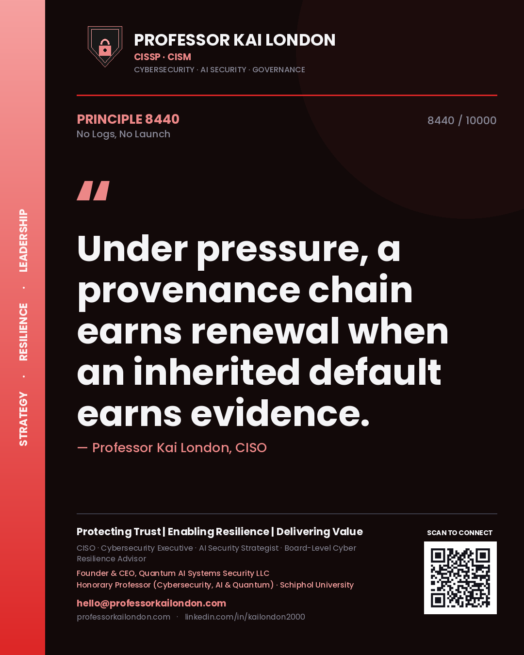 Professor Kai London principle 8440: Under pressure, a provenance chain earns renewal when an inherited default earns evidence.