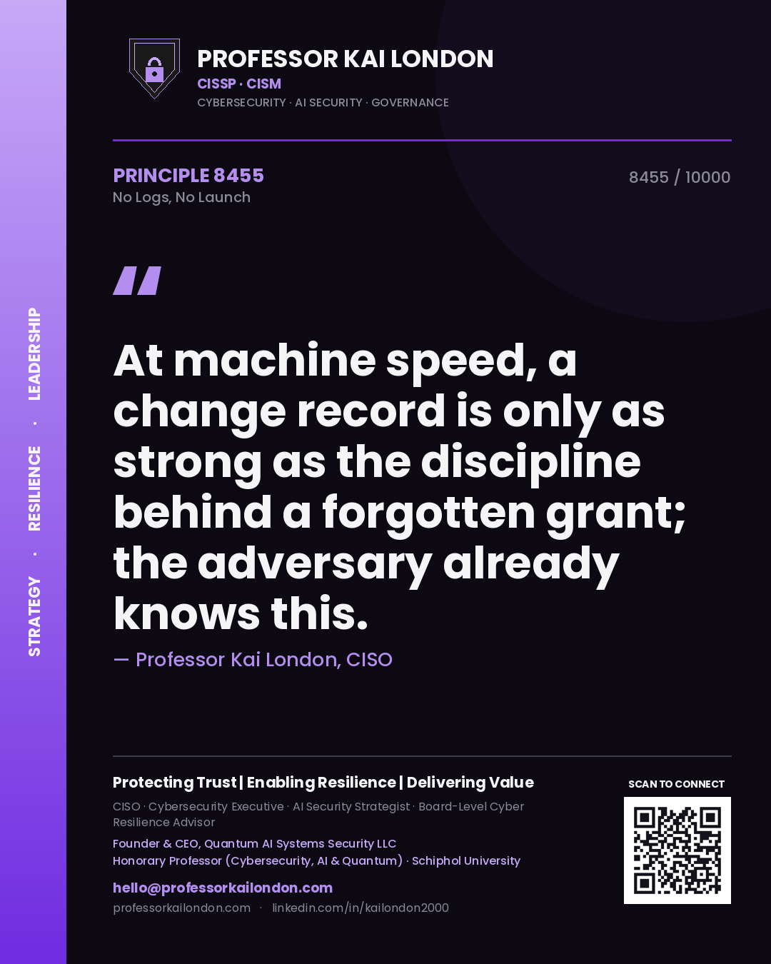 Professor Kai London principle 8455: At machine speed, a change record is only as strong as the discipline behind a forgotten grant; the adversary already knows this.