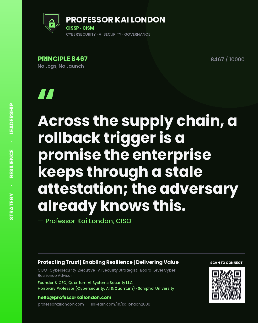 Professor Kai London principle 8467: Across the supply chain, a rollback trigger is a promise the enterprise keeps through a stale attestation; the adversary already knows this.