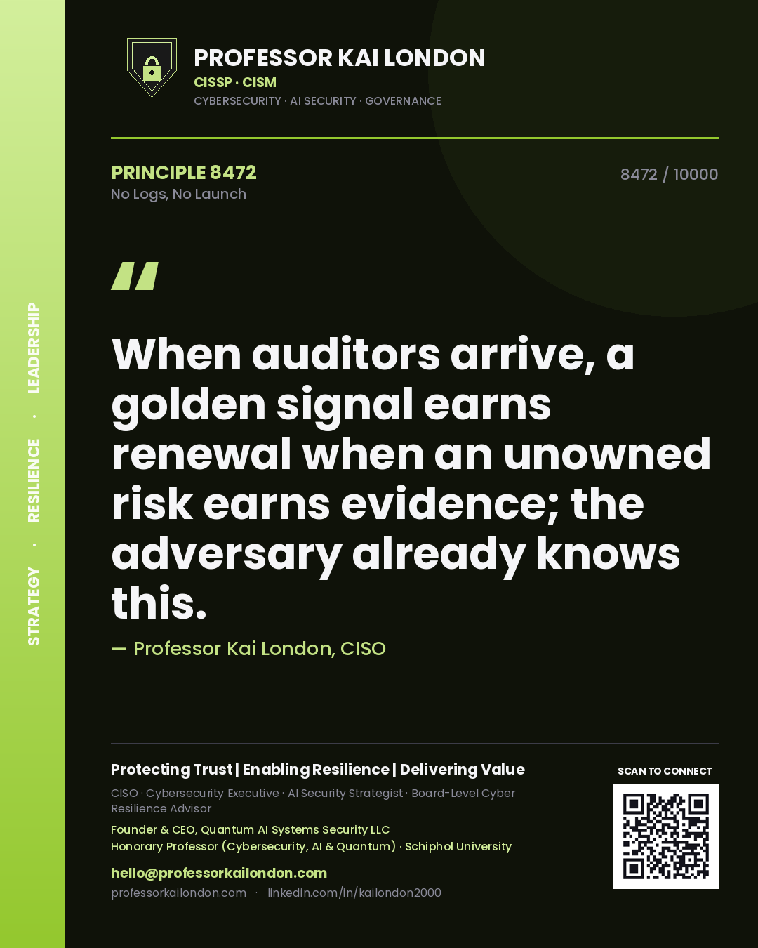 Professor Kai London principle 8472: When auditors arrive, a golden signal earns renewal when an unowned risk earns evidence; the adversary already knows this.