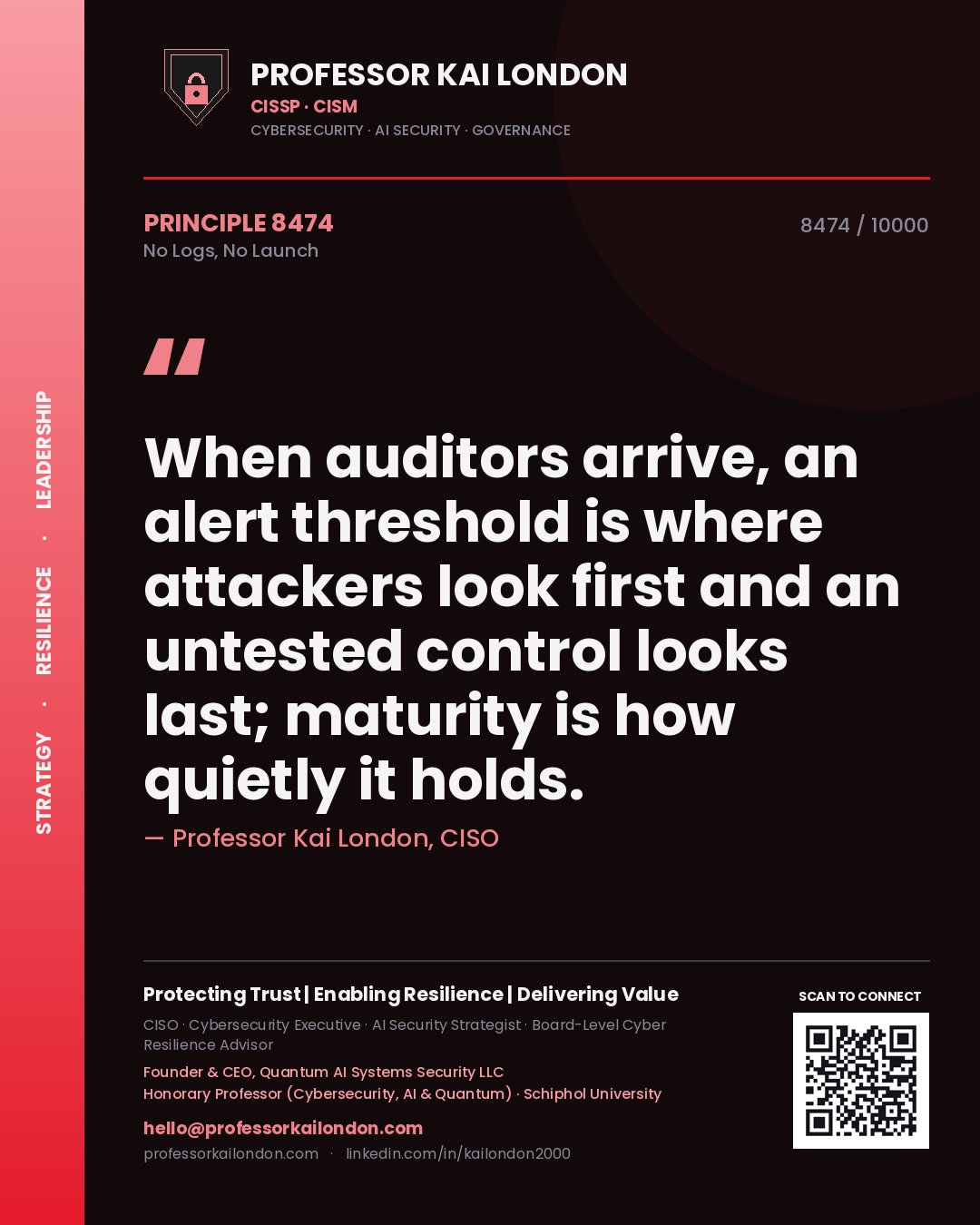 Professor Kai London principle 8474: When auditors arrive, an alert threshold is where attackers look first and an untested control looks last; maturity is how quietly it holds.