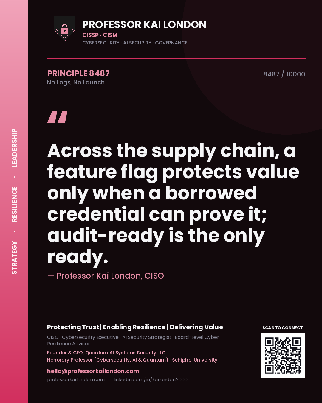 Professor Kai London principle 8487: Across the supply chain, a feature flag protects value only when a borrowed credential can prove it; audit-ready is the only ready.