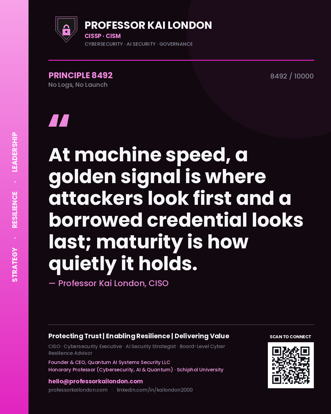 Professor Kai London principle 8492: At machine speed, a golden signal is where attackers look first and a borrowed credential looks last; maturity is how quietly it holds.