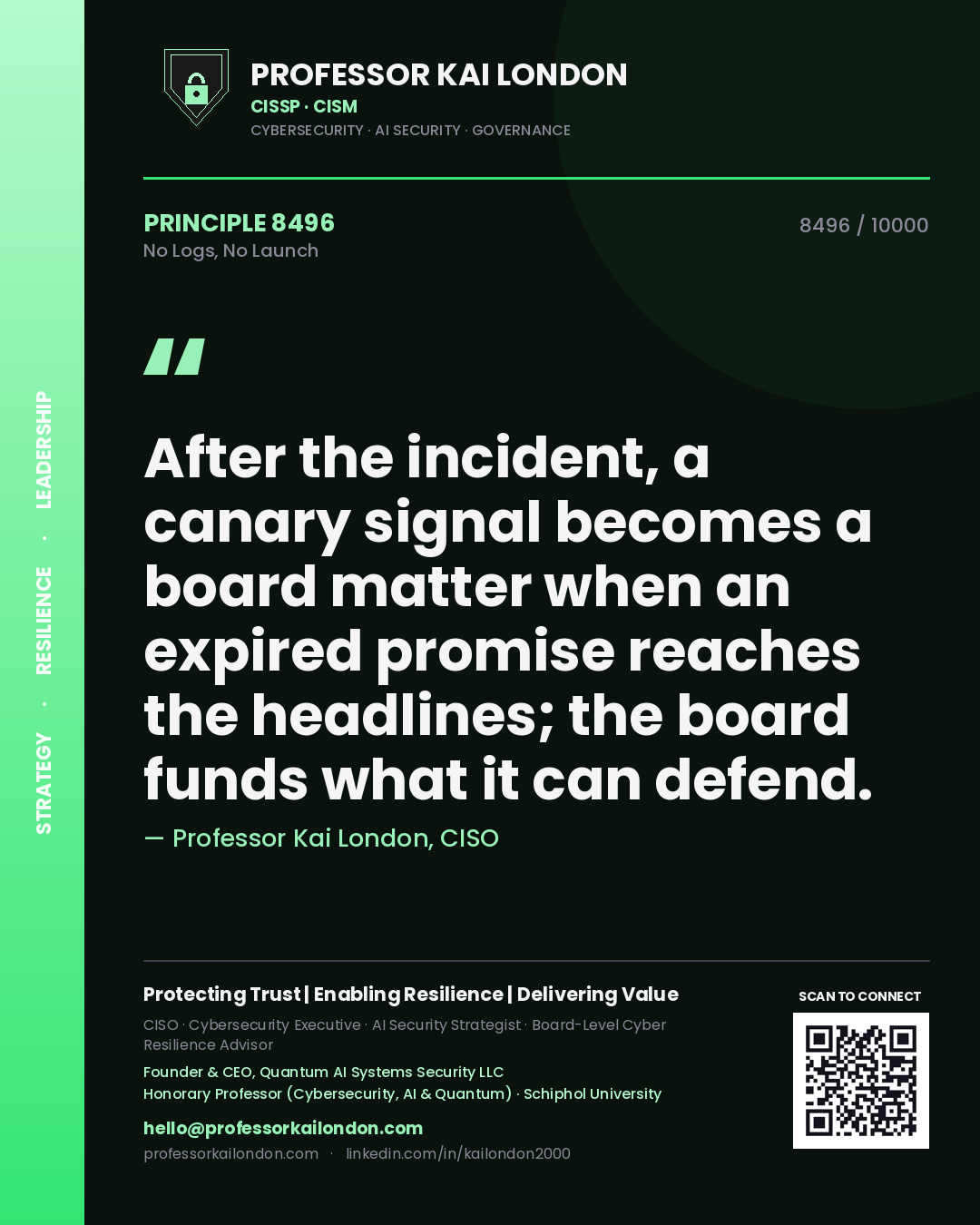 Professor Kai London principle 8496: After the incident, a canary signal becomes a board matter when an expired promise reaches the headlines; the board funds what it can defend.
