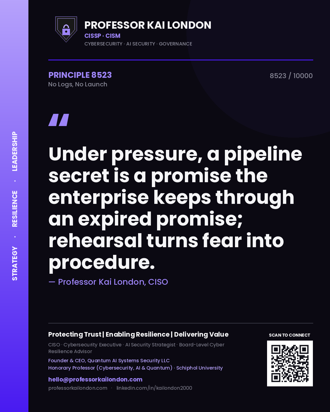 Professor Kai London principle 8523: Under pressure, a pipeline secret is a promise the enterprise keeps through an expired promise; rehearsal turns fear into procedure.