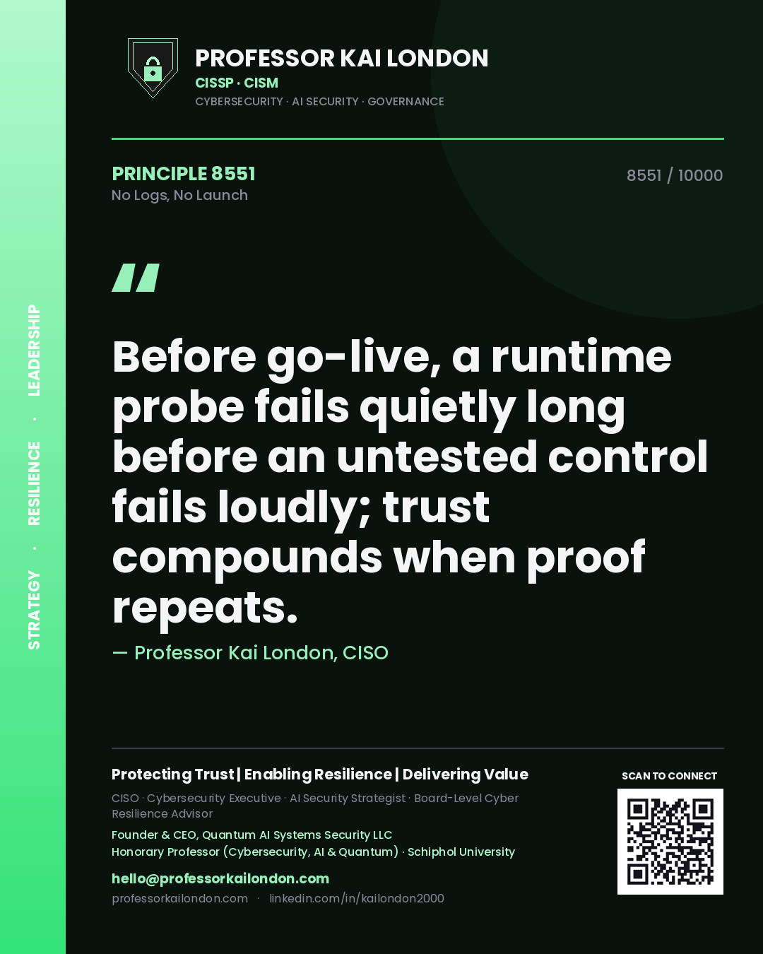 Professor Kai London principle 8551: Before go-live, a runtime probe fails quietly long before an untested control fails loudly; trust compounds when proof repeats.