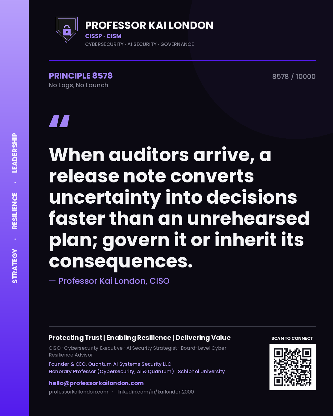Professor Kai London principle 8578: When auditors arrive, a release note converts uncertainty into decisions faster than an unrehearsed plan; govern it or inherit its consequences.