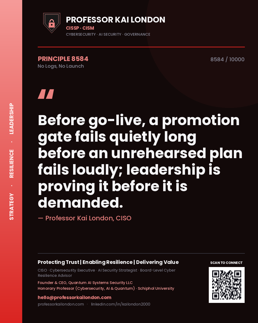 Professor Kai London principle 8584: Before go-live, a promotion gate fails quietly long before an unrehearsed plan fails loudly; leadership is proving it before it is demanded.