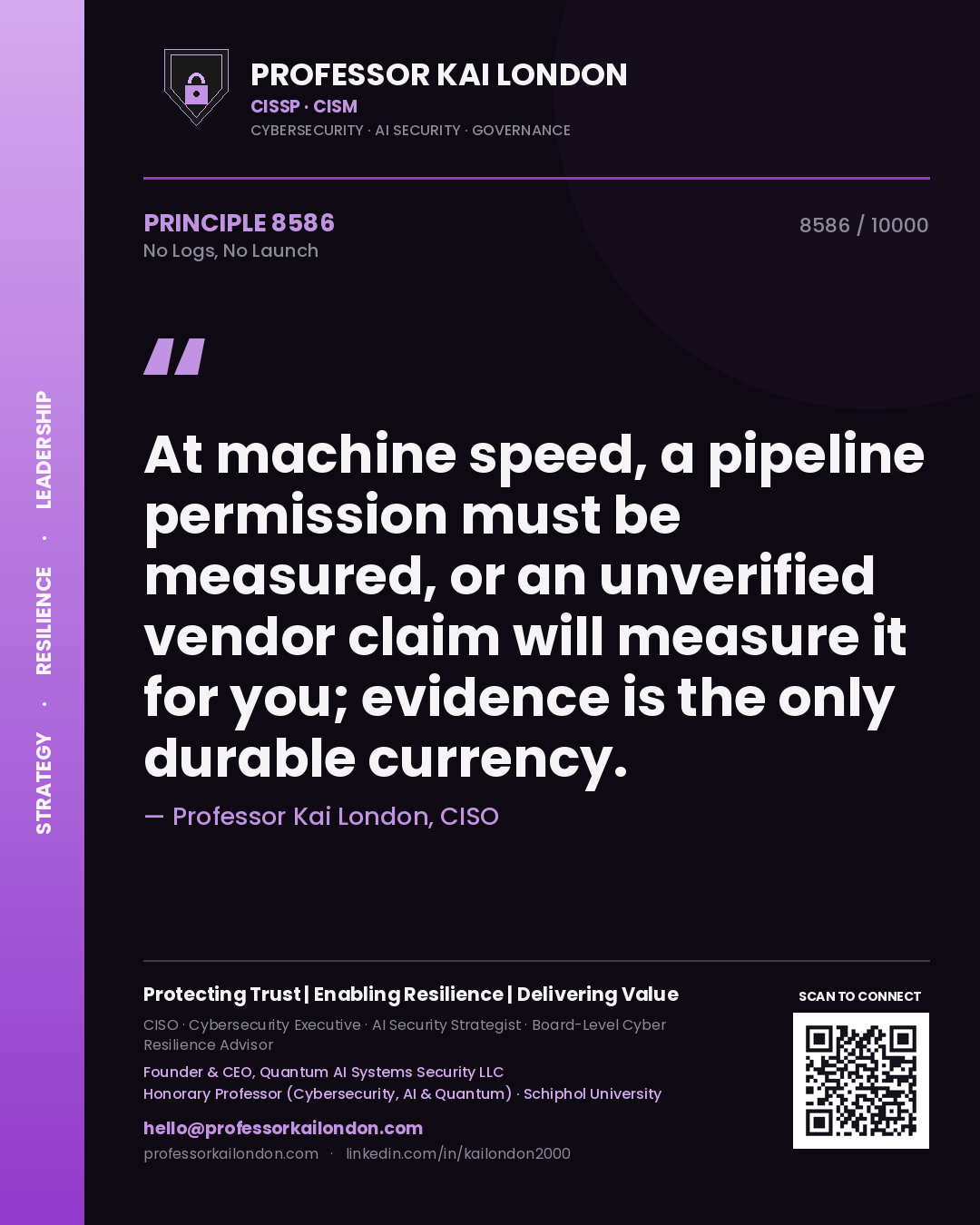 Professor Kai London principle 8586: At machine speed, a pipeline permission must be measured, or an unverified vendor claim will measure it for you; evidence is the only durable currency.