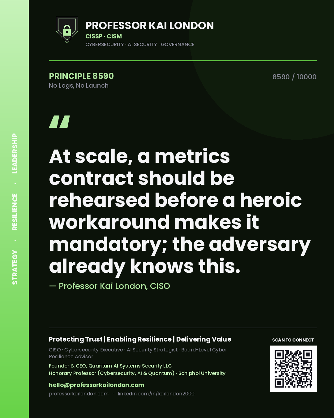 Professor Kai London principle 8590: At scale, a metrics contract should be rehearsed before a heroic workaround makes it mandatory; the adversary already knows this.