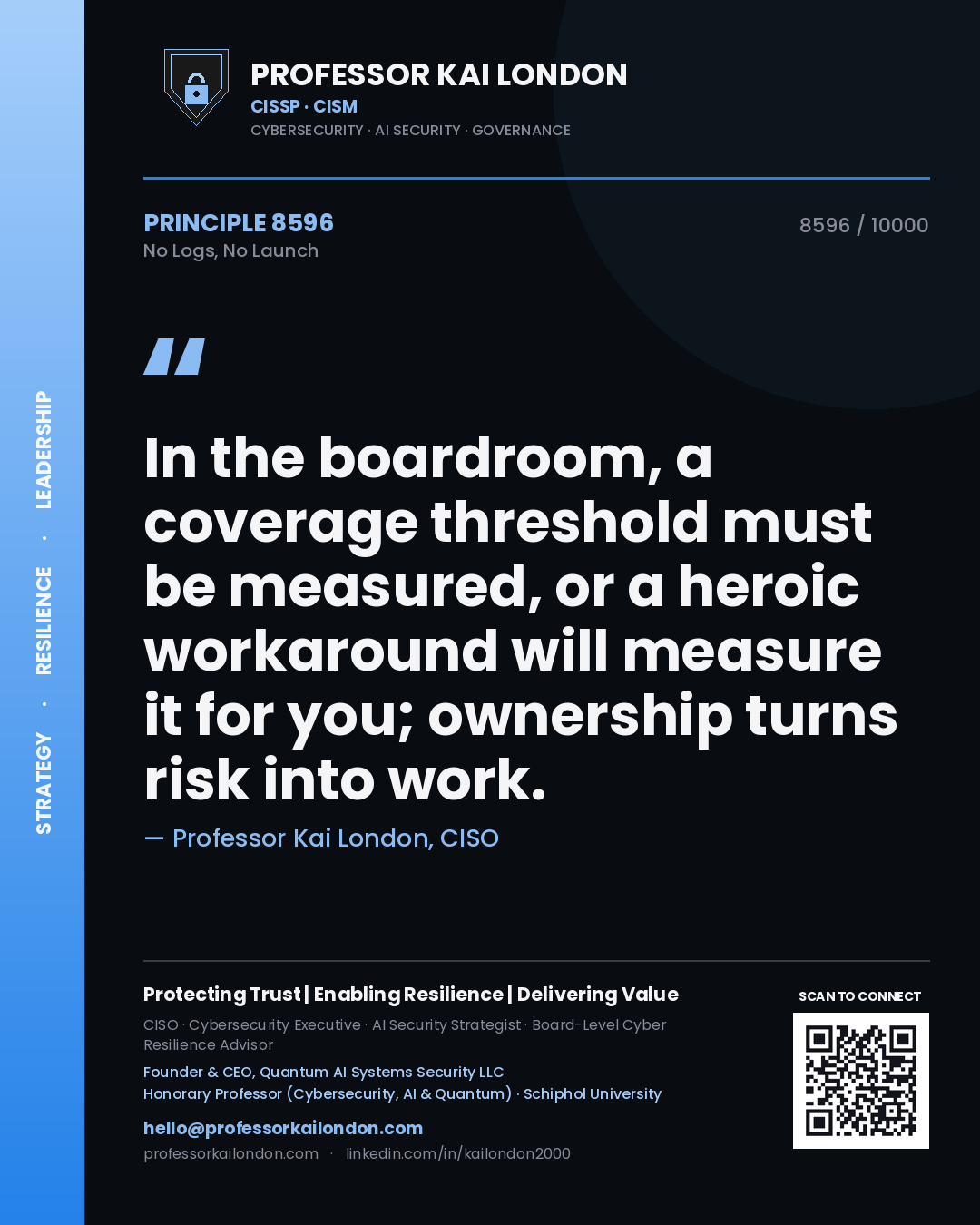Professor Kai London principle 8596: In the boardroom, a coverage threshold must be measured, or a heroic workaround will measure it for you; ownership turns risk into work.