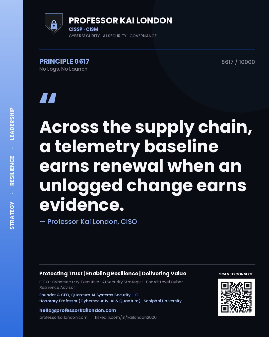 Professor Kai London principle 8617: Across the supply chain, a telemetry baseline earns renewal when an unlogged change earns evidence.