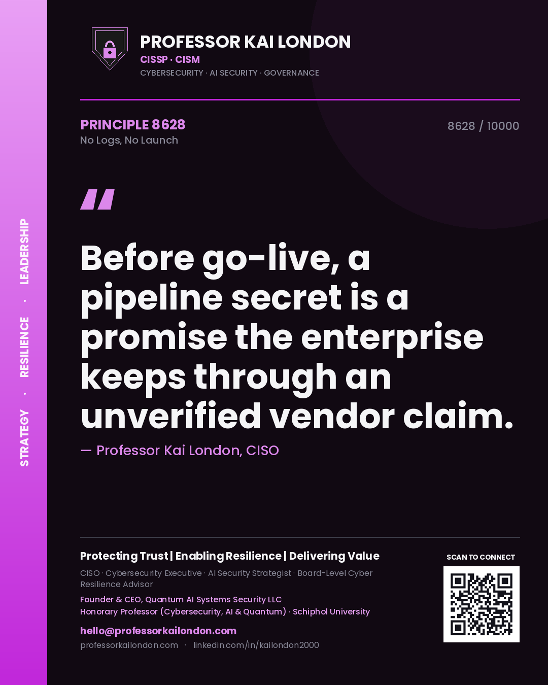 Professor Kai London principle 8628: Before go-live, a pipeline secret is a promise the enterprise keeps through an unverified vendor claim.