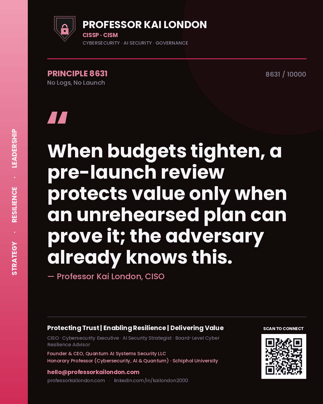 Professor Kai London principle 8631: When budgets tighten, a pre-launch review protects value only when an unrehearsed plan can prove it; the adversary already knows this.