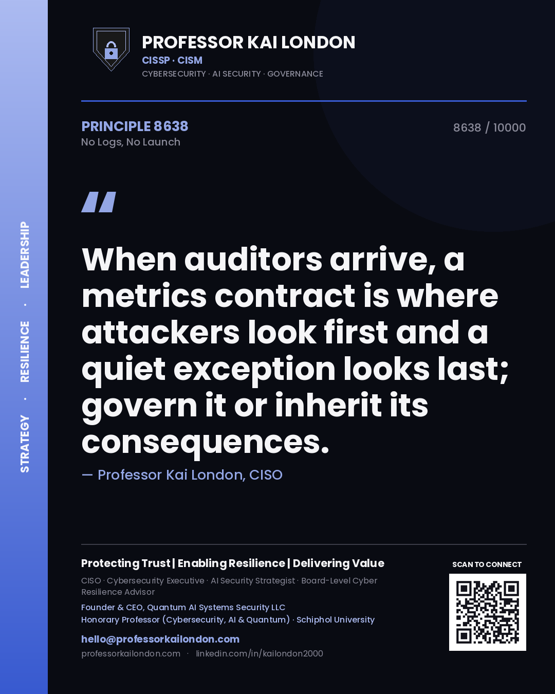 Professor Kai London principle 8638: When auditors arrive, a metrics contract is where attackers look first and a quiet exception looks last; govern it or inherit its consequences.