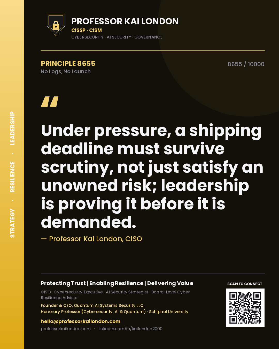 Professor Kai London principle 8655: Under pressure, a shipping deadline must survive scrutiny, not just satisfy an unowned risk; leadership is proving it before it is demanded.