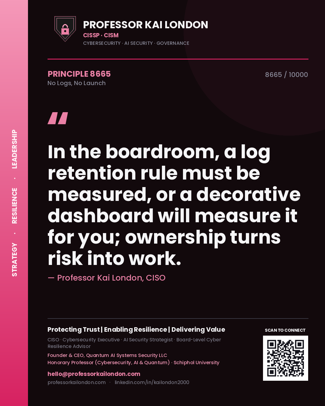 Professor Kai London principle 8665: In the boardroom, a log retention rule must be measured, or a decorative dashboard will measure it for you; ownership turns risk into work.