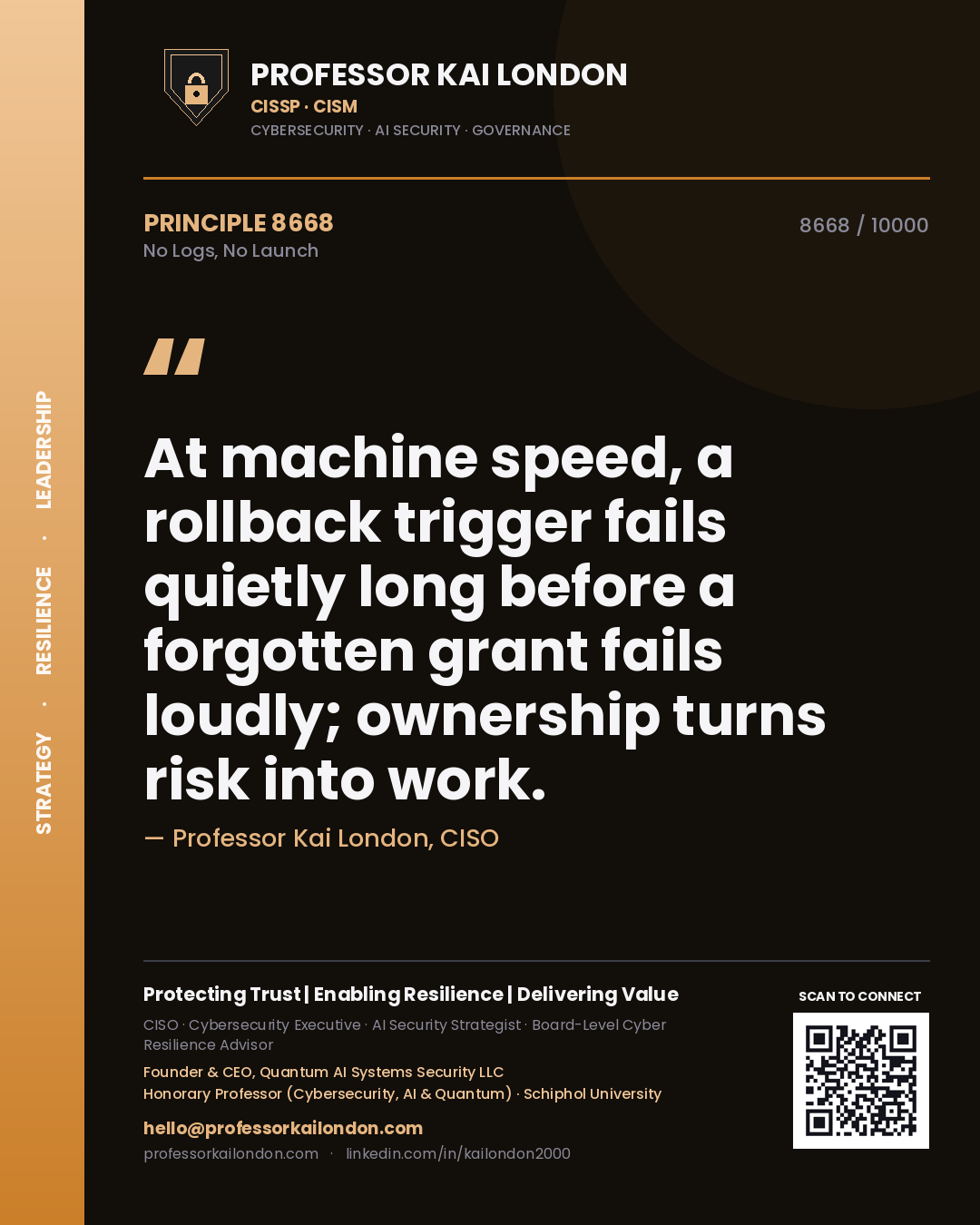 Professor Kai London principle 8668: At machine speed, a rollback trigger fails quietly long before a forgotten grant fails loudly; ownership turns risk into work.