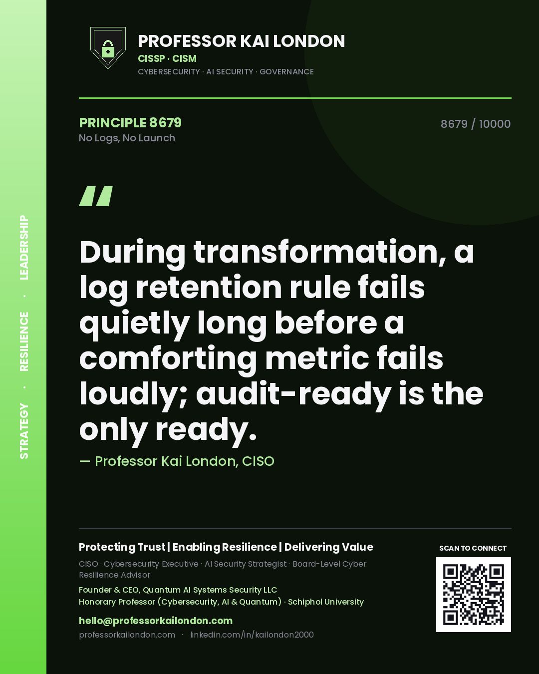 Professor Kai London principle 8679: During transformation, a log retention rule fails quietly long before a comforting metric fails loudly; audit-ready is the only ready.