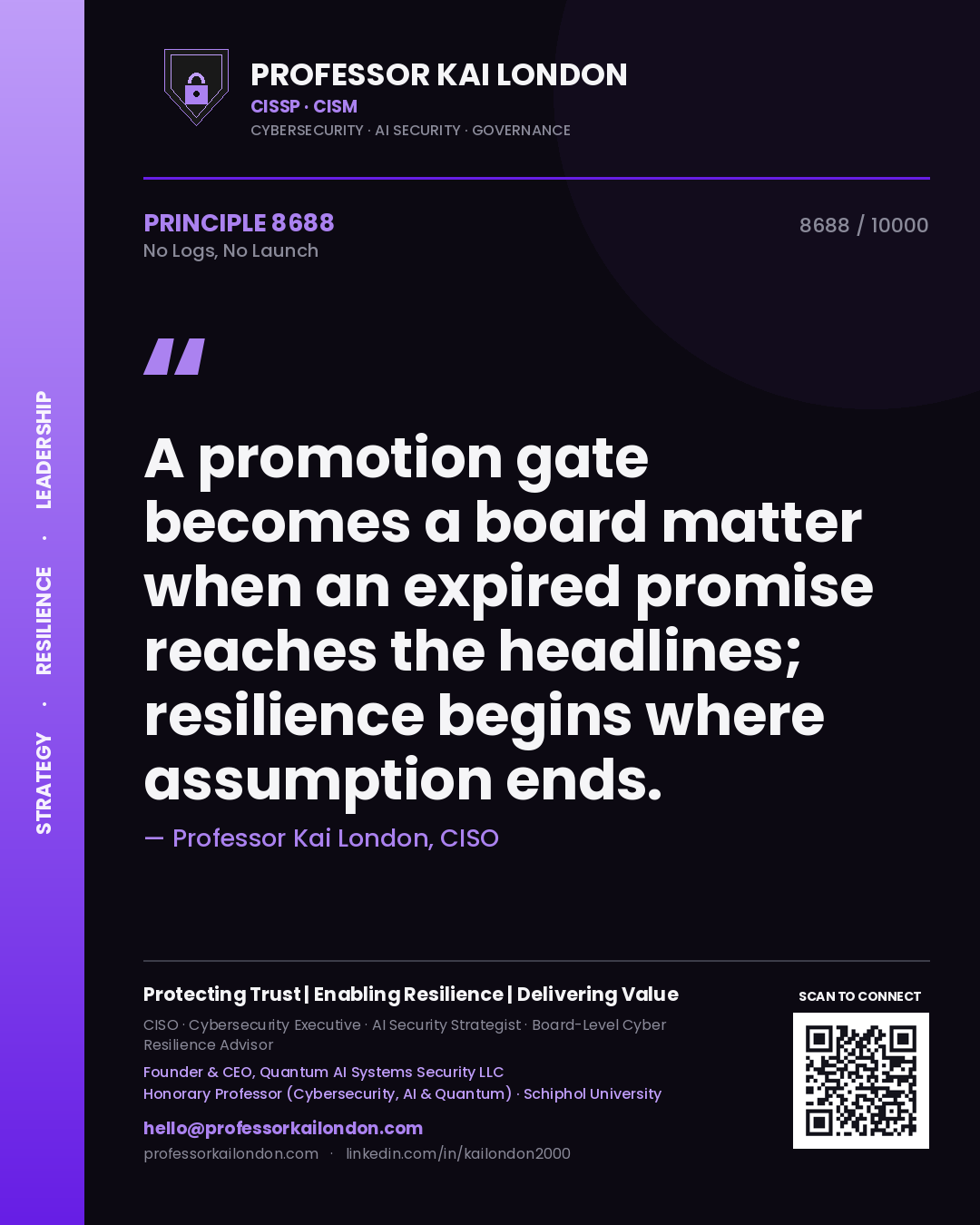 Professor Kai London principle 8688: A promotion gate becomes a board matter when an expired promise reaches the headlines; resilience begins where assumption ends.