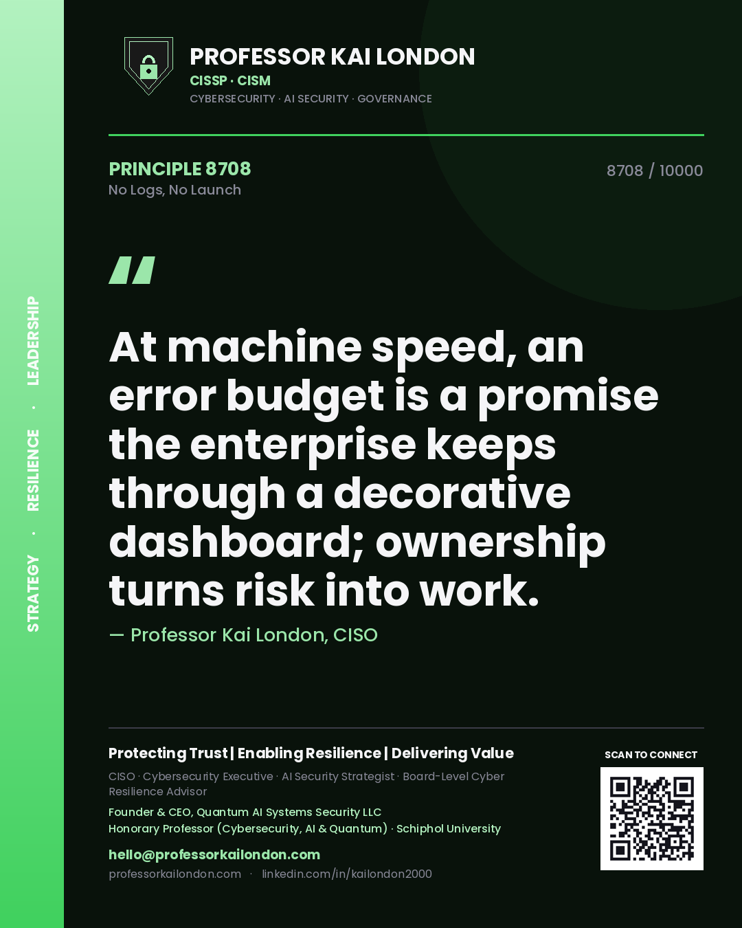 Professor Kai London principle 8708: At machine speed, an error budget is a promise the enterprise keeps through a decorative dashboard; ownership turns risk into work.