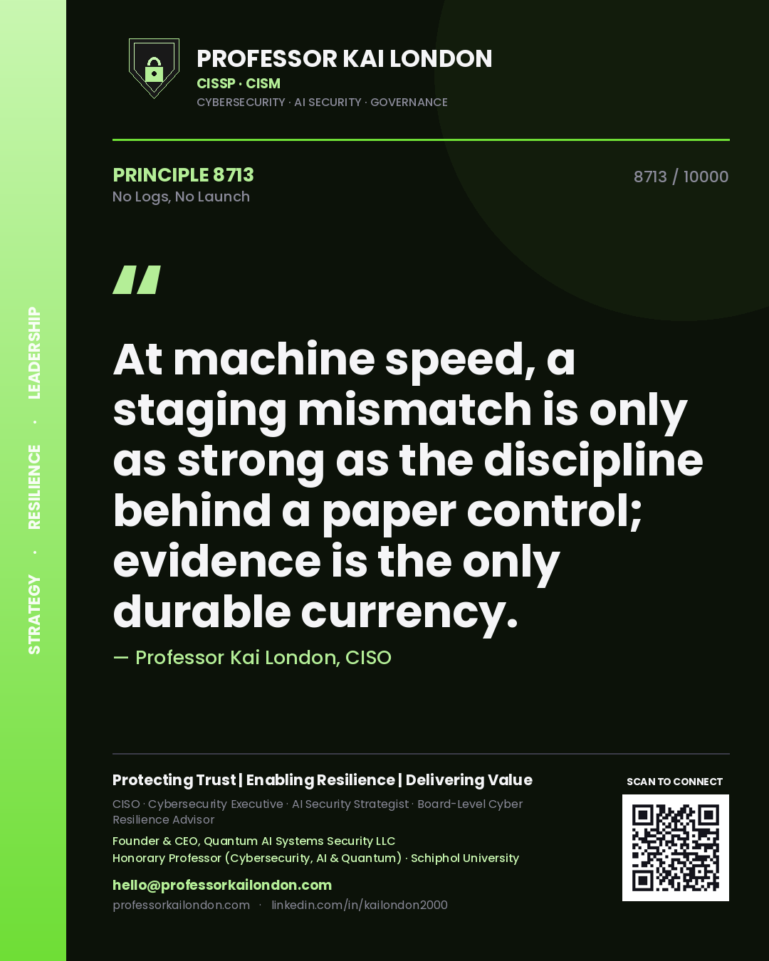 Professor Kai London principle 8713: At machine speed, a staging mismatch is only as strong as the discipline behind a paper control; evidence is the only durable currency.