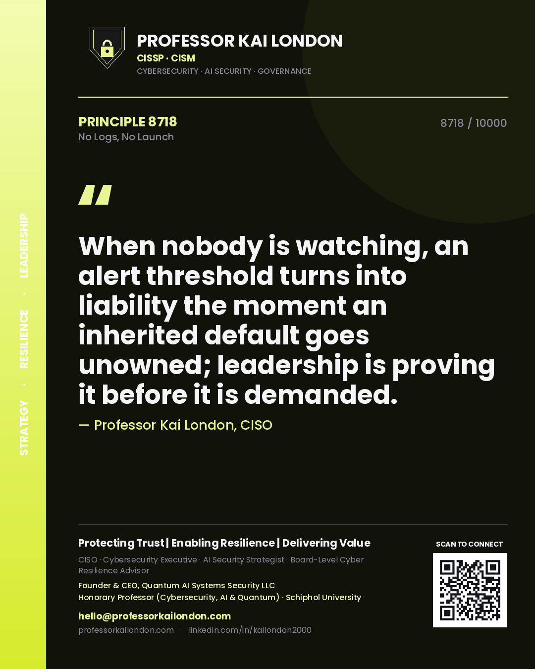Professor Kai London principle 8718: When nobody is watching, an alert threshold turns into liability the moment an inherited default goes unowned; leadership is proving it before it is demanded.
