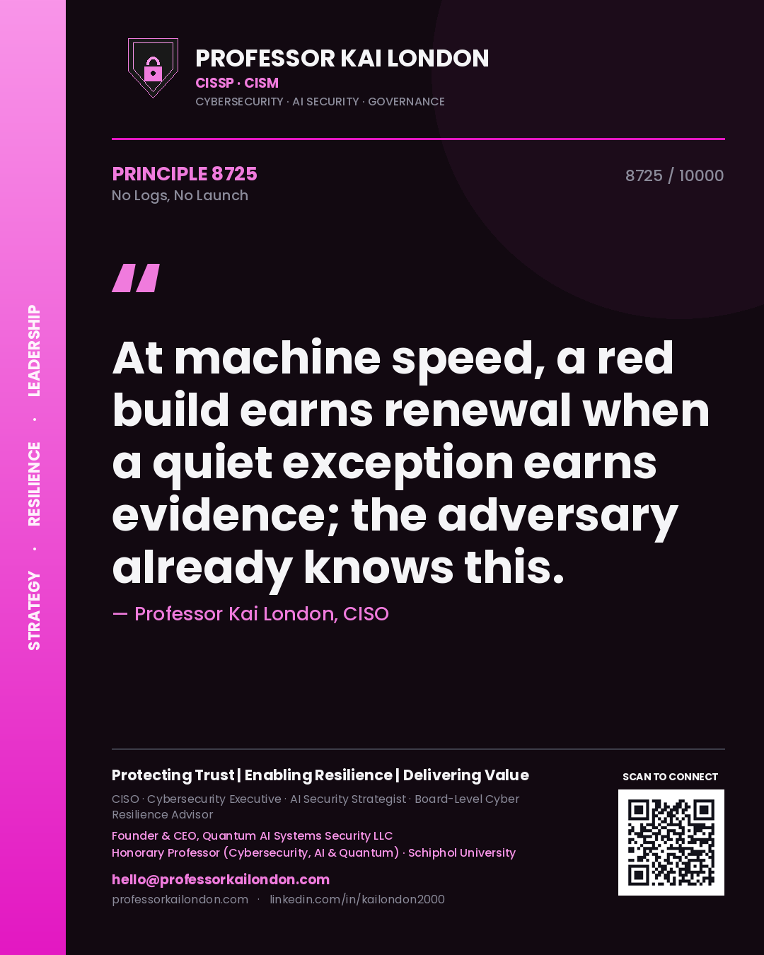 Professor Kai London principle 8725: At machine speed, a red build earns renewal when a quiet exception earns evidence; the adversary already knows this.
